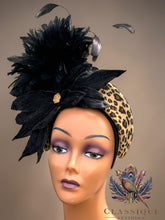 Load image into Gallery viewer, Leopard Print Fascinator with Black Crushed Velvet Flowers & Feathers