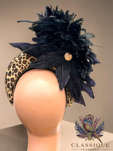 Load image into Gallery viewer, Leopard Print Fascinator with Black Crushed Velvet Flowers & Feathers