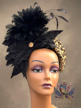 Load image into Gallery viewer, Leopard Print Fascinator with Black Crushed Velvet Flowers & Feathers