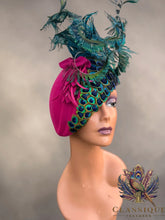 Load image into Gallery viewer, Josie - Fuchsia Wool fascinator with a gorgeous array of naturally shed in the uk peacock feathers