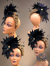 Load image into Gallery viewer, Leopard Print Fascinator with Black Crushed Velvet Flowers & Feathers
