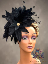 Load image into Gallery viewer, Leopard Print Fascinator with Black Crushed Velvet Flowers & Feathers
