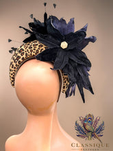 Load image into Gallery viewer, Leopard Print Fascinator with Black Crushed Velvet Flowers & Feathers