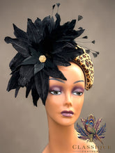 Load image into Gallery viewer, Leopard Print Fascinator with Black Crushed Velvet Flowers & Feathers