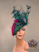 Load image into Gallery viewer, Josie - Fuchsia Wool fascinator with a gorgeous array of naturally shed in the uk peacock feathers