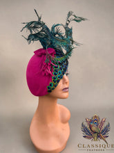 Load image into Gallery viewer, Josie - Fuchsia Wool fascinator with a gorgeous array of naturally shed in the uk peacock feathers
