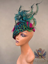 Load image into Gallery viewer, Josie - Fuchsia Wool fascinator with a gorgeous array of naturally shed in the uk peacock feathers
