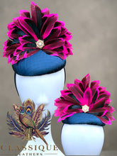 Load image into Gallery viewer, Pink &amp; Navy Duck Feather Fascinator
