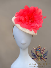 Load image into Gallery viewer, Cream fascinator with an exquisite coral feather flower
