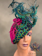 Load image into Gallery viewer, Josie - Fuchsia Wool fascinator with a gorgeous array of naturally shed in the uk peacock feathers
