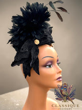 Load image into Gallery viewer, Leopard Print Fascinator with Black Crushed Velvet Flowers &amp; Feathers
