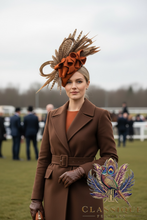 Load image into Gallery viewer, Mabel - burnt orange wool teardrop fascinator with pheasant feathers
