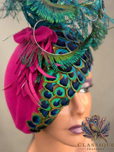 Load image into Gallery viewer, Josie - Fuchsia Wool fascinator with a gorgeous array of naturally shed in the uk peacock feathers
