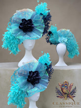 Load image into Gallery viewer, Mermaid Organza with Navy, Mint &amp; Blue Feather Fascinator
