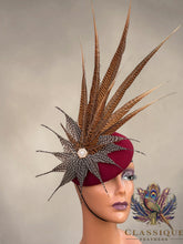 Load image into Gallery viewer, Bianca - Burgundy wool base with an array of golden pheasant and guinea fowl feathers
