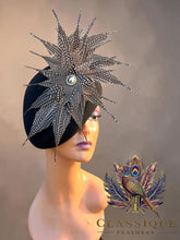 Load image into Gallery viewer, Guinevere - Black wool fascinator with a beautiful array of naturally shed guinea fowl feathers from Cornwall
