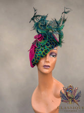 Load image into Gallery viewer, Josie - Fuchsia Wool fascinator with a gorgeous array of naturally shed in the uk peacock feathers
