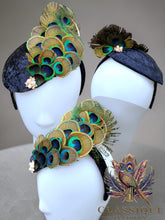 Load image into Gallery viewer, Navy crushed velvet fascinator adorned with an array of peacock feathers
