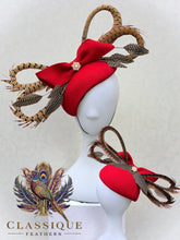 Load image into Gallery viewer, Rhonda - Red Fascinator with pheasant &amp; guinea fowl feathers
