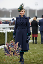 Load image into Gallery viewer, Navy crushed velvet fascinator with peacock feathers
