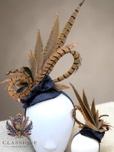 Load image into Gallery viewer, Navy Crushed Velvet Feather Fascinator
