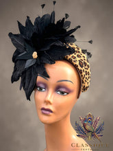 Load image into Gallery viewer, Leopard Print Fascinator with Black Crushed Velvet Flowers &amp; Feathers

