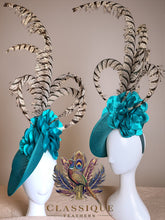 Load image into Gallery viewer, Teal Flower &amp; Feather Fascinator
