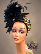 Load image into Gallery viewer, Leopard Print Fascinator with Black Crushed Velvet Flowers &amp; Feathers

