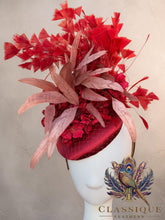 Load image into Gallery viewer, Burgundy &amp; Mauve Feather &amp; Flower Fascinator
