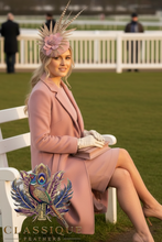 Load image into Gallery viewer, Dusky pink wool fascinator with pheasant feathers
