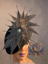 Load image into Gallery viewer, Guinevere - Black wool fascinator with a beautiful array of naturally shed guinea fowl feathers from Cornwall
