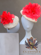 Load image into Gallery viewer, Cream fascinator with an exquisite coral feather flower
