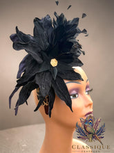 Load image into Gallery viewer, Leopard Print Fascinator with Black Crushed Velvet Flowers &amp; Feathers
