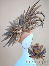 Load image into Gallery viewer, Extravagant Feather Fascinator with a wool camel teardrop base
