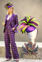 Load image into Gallery viewer, Striking Purple &amp; Lime Feather Fascinator
