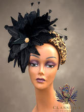 Load image into Gallery viewer, Leopard Print Fascinator with Black Crushed Velvet Flowers &amp; Feathers
