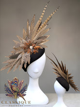 Load image into Gallery viewer, Black teardrop fascinator with pheasant and guinea fowl feathers
