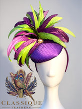Load image into Gallery viewer, Striking Purple &amp; Lime Feather Fascinator
