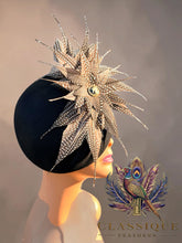 Load image into Gallery viewer, Guinevere - Black wool fascinator with a beautiful array of naturally shed guinea fowl feathers from Cornwall
