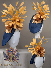 Load image into Gallery viewer, Navy &amp; Gold Feather Fascinator

