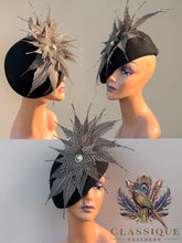Load image into Gallery viewer, Guinevere - Black wool fascinator with a beautiful array of naturally shed guinea fowl feathers from Cornwall
