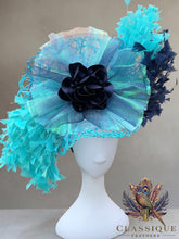 Load image into Gallery viewer, Mermaid Organza with Navy, Mint &amp; Blue Feather Fascinator
