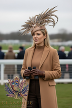 Load image into Gallery viewer, Extravagant Feather Fascinator with a wool camel teardrop base
