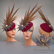 Load image into Gallery viewer, Bianca - Burgundy wool base with an array of golden pheasant and guinea fowl feathers
