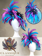 Load image into Gallery viewer, Teal Navy &amp; Purple Feather Fascinator
