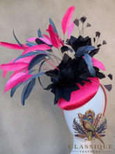 Load image into Gallery viewer, Navy &amp; Pink Feather Fascinator
