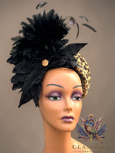 Load image into Gallery viewer, Leopard Print Fascinator with Black Crushed Velvet Flowers &amp; Feathers
