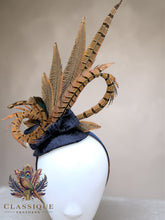 Load image into Gallery viewer, Navy Crushed Velvet Feather Fascinator
