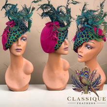 Load image into Gallery viewer, Josie - Fuchsia Wool fascinator with a gorgeous array of naturally shed in the uk peacock feathers
