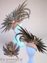 Load image into Gallery viewer, Extravagant Feather Fascinator with a wool camel teardrop base
